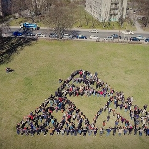 Duża grupa studentów stojąca na trawie w kształcie trójkątów
